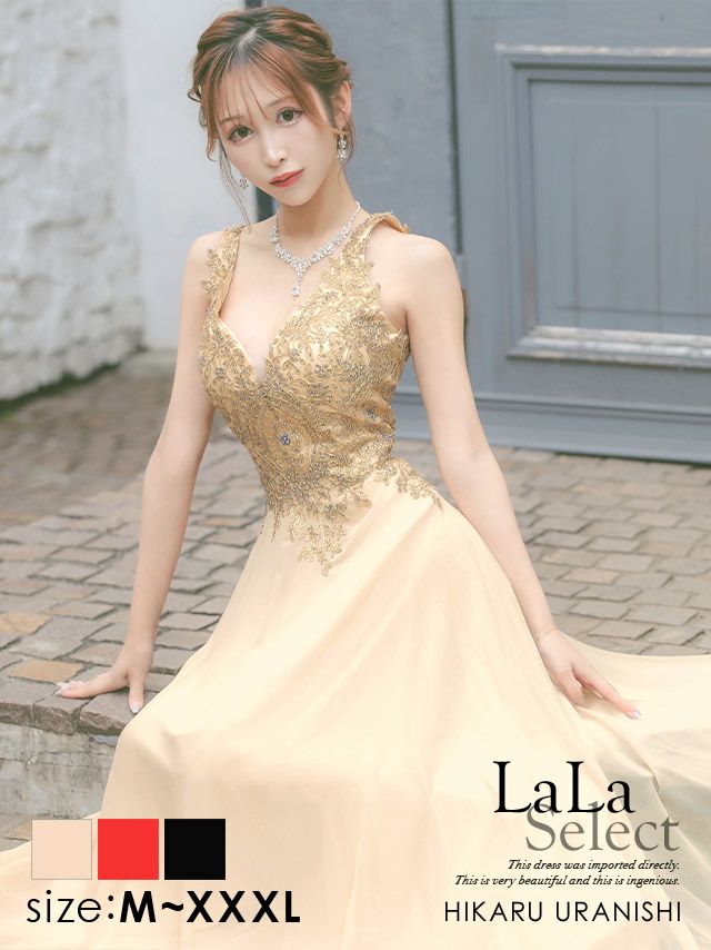 [インポート]刺繍ビジュレース シフォン フレア 高級ロングドレス[ベージュ/レッド/ブラック][L/XL/XXL/XXXLあり][ゆんころ/キャバドレス着用]