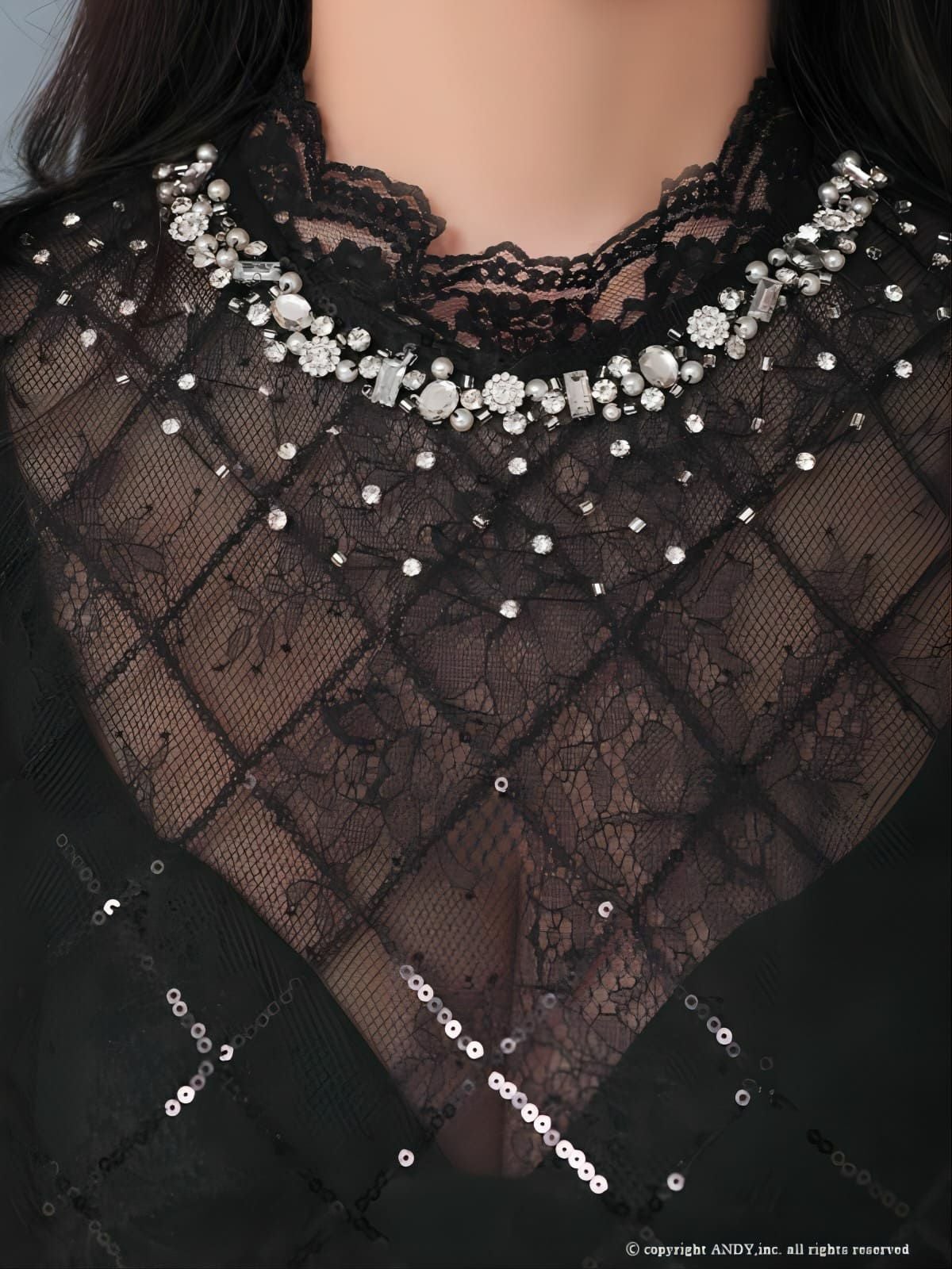 an[アン]バストシアー 刺繍レース 七分袖 タイト 高級ミニドレス[ブラック×モスグリーン][小川青空/キャバドレス着用][3330]