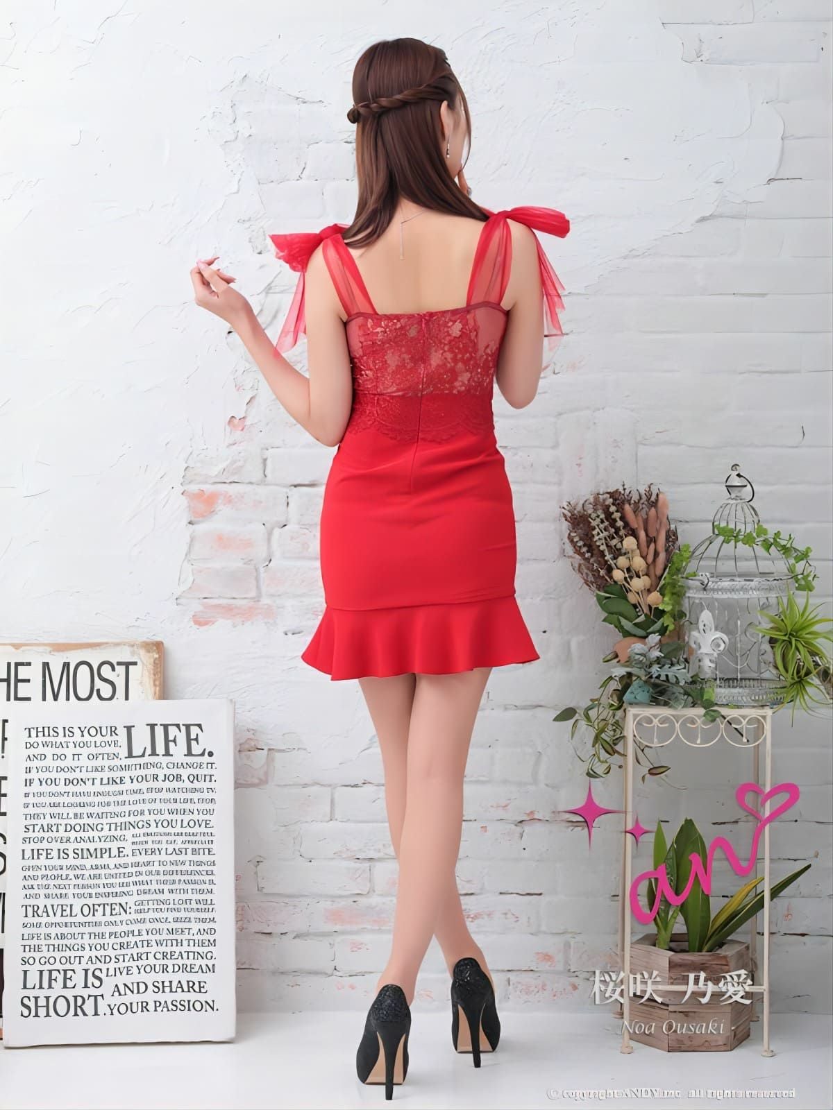 an[アン]ショルダーリボン 刺繍レース ワンカラー マーメイド タイト 高級ミニドレス[レッド][桜咲乃愛/キャバドレス着用][3354]