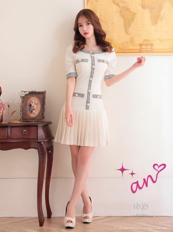 an[アン]バイカラーツイード プリーツスカート 五分袖 フレア 高級ミニドレス[ホワイト×ピンク][ゆめ/キャバドレス着用][3362]