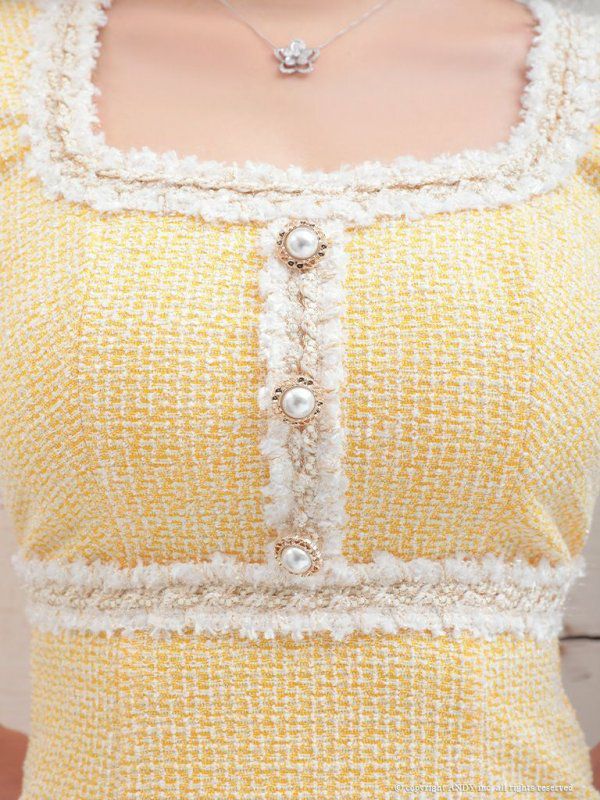 an[アン]バイカラー カラフルツイード 半袖 マーメイド タイト 高級ミニドレス[イエロー][桜咲乃愛/キャバドレス着用][3382]