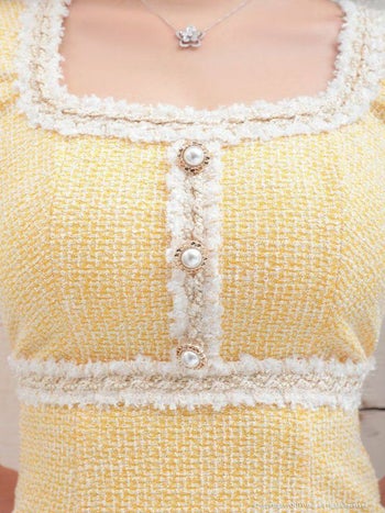 an[アン]バイカラー カラフルツイード 半袖 マーメイド タイト 高級ミニドレス[イエロー][桜咲乃愛/キャバドレス着用][3382]