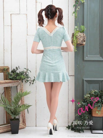 an[アン]バイカラー カラフルツイード 半袖 マーメイド タイト 高級ミニドレス[イエロー][桜咲乃愛/キャバドレス着用][3382]