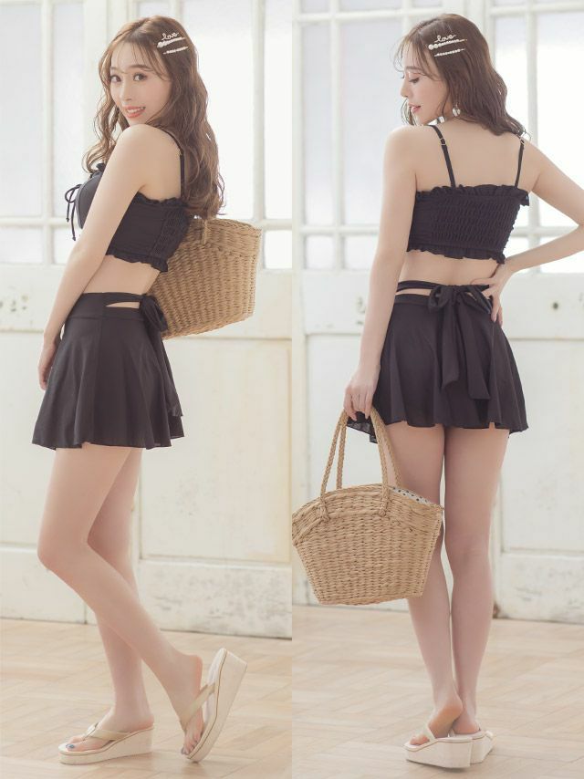 フリル バックリボン フレアスカート 体型カバー ハイウエスト レースアップ ビスチェ ビキニ[久保七瀬/水着着用]