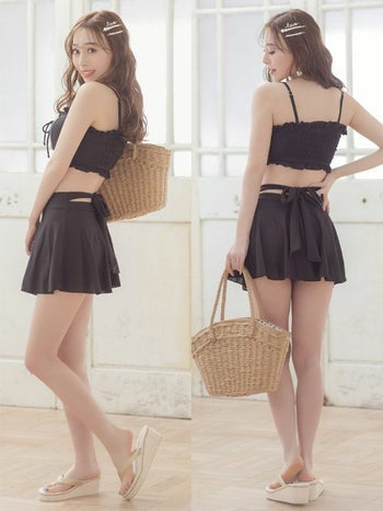 フリル バックリボン フレアスカート 体型カバー ハイウエスト レースアップ ビスチェ ビキニ[久保七瀬/水着着用]