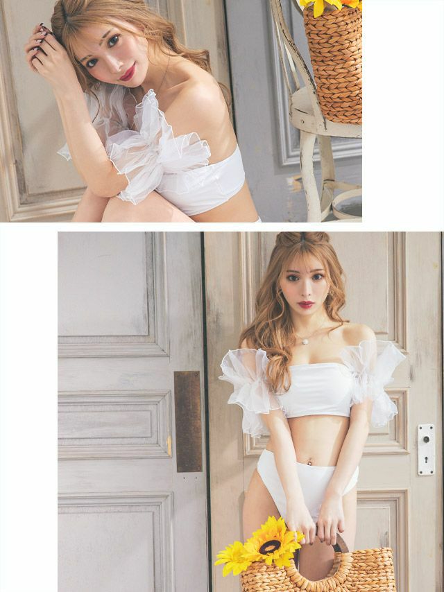 オフショル スリーブ ハイウエスト ワンカラー バンドゥ ビキニ [久保七瀬/水着着用]