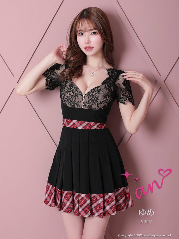 an[アン]襟付きフロントジップ チェック柄切替 半袖 プリーツ フレア 高級ミニドレス[アイボリーxレッド][ゆめ/キャバドレス着用][3397]