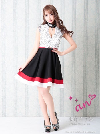 an[アン]チョーカー 刺繍レース フリルノースリーブ フレア 高級ミニドレス [ホワイトxライトグレーブラック][水嶋えりか/キャバドレス着用][3113]