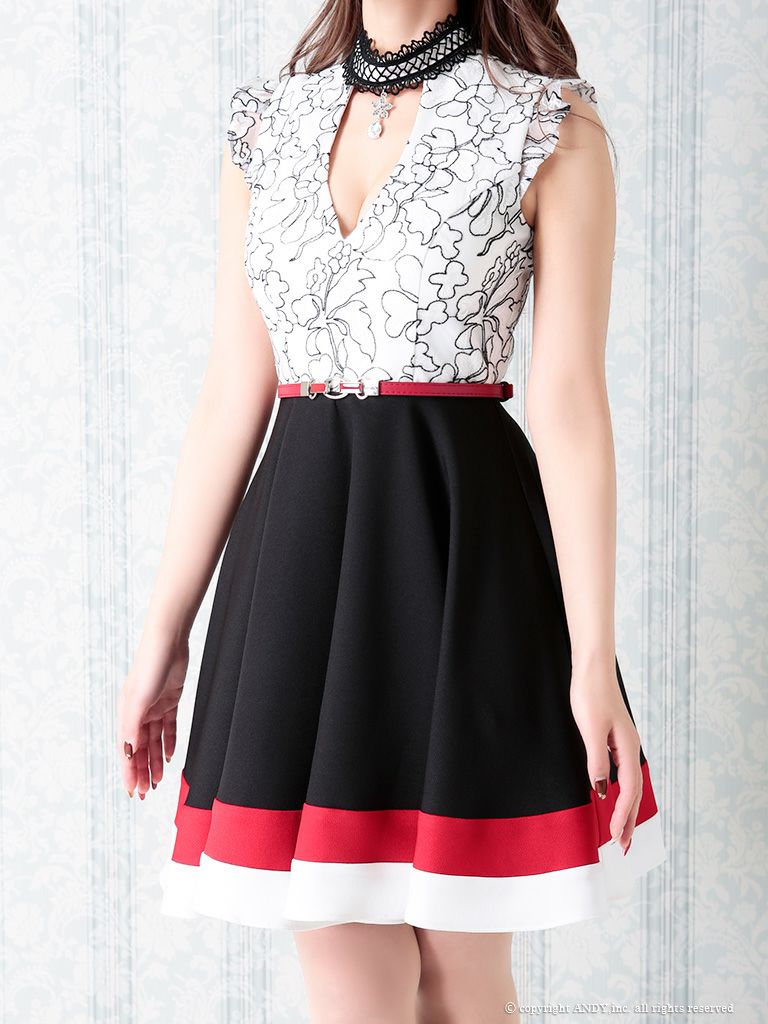 an[アン]チョーカー 刺繍レース フリルノースリーブ フレア 高級ミニドレス [ホワイトxライトグレーブラック][水嶋えりか/キャバドレス着用][3113]