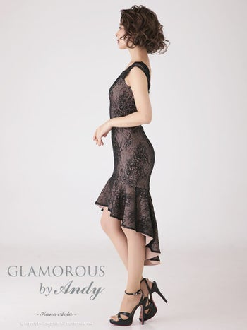 Andy GLAMOROUS [アンディグラマラス]総レース ノースリーブ フリルマーメイド タイト 高級ひざ丈ドレス[ブラックxベージュ][青田夏奈/キャバドレス着用][758]