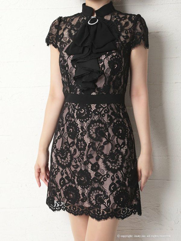 Andy [アンディ]バイカラー 総レース リボン 半袖 タイト 高級ミニドレス[ブラックベージュ][青田夏奈/キャバドレス着用][2658]