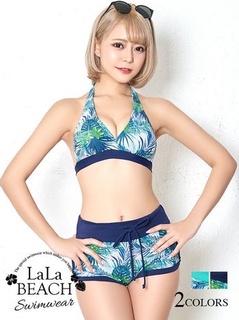 ボタニカルリーフショートパンツホルターネックビキニ[ネイビー]