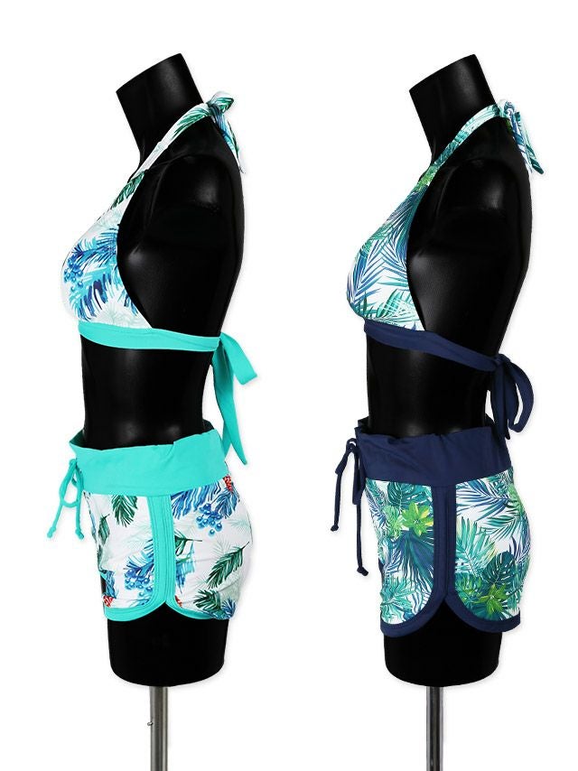 ボタニカルリーフショートパンツホルターネックビキニ[ネイビー]