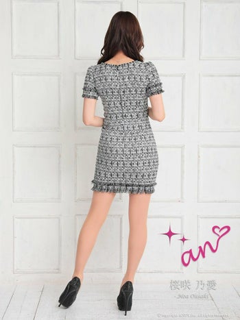 an[アン]カラフルツイード 半袖 フリンジデザイン タイト 高級ミニドレス[ブラック][桜咲乃愛/キャバドレス着用][3294-2]