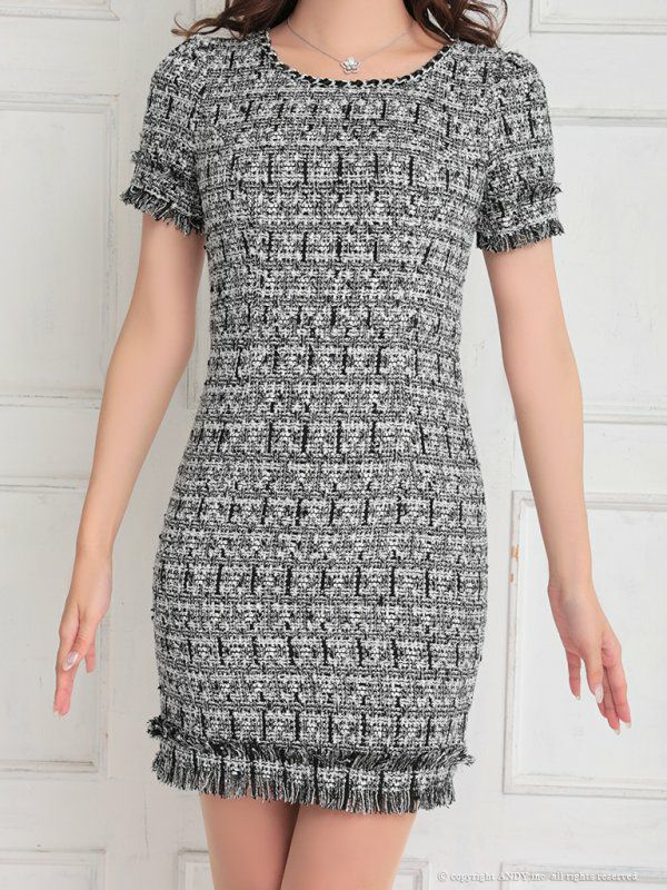 an[アン]カラフルツイード 半袖 フリンジデザイン タイト 高級ミニドレス[ブラック][桜咲乃愛/キャバドレス着用][3294-2]