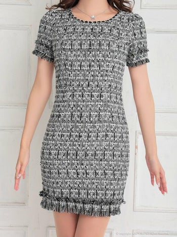 an[アン]カラフルツイード 半袖 フリンジデザイン タイト 高級ミニドレス[ブラック][桜咲乃愛/キャバドレス着用][3294-2]