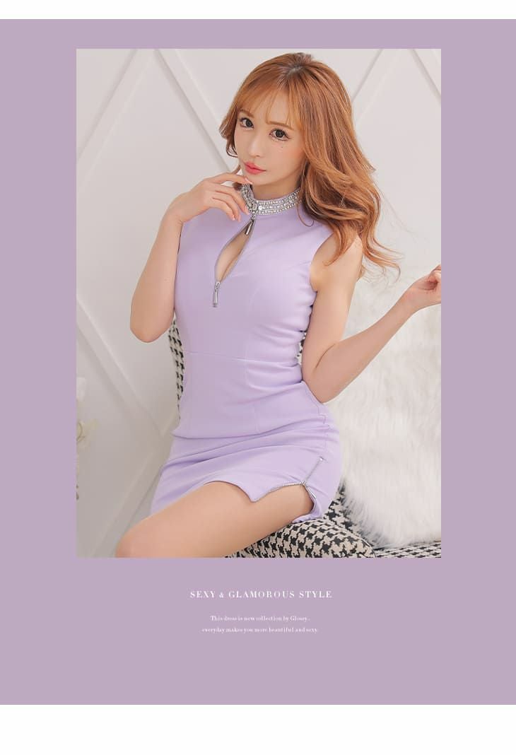 ROBEdeFLEURS Glossy[ローブドフルール グロッシー]フロントジップ ネックビジュ ワンカラー ノースリーブ タイト 高級ミニドレス[モカ][XSあり][ゆめ/キャバドレス着用][2836-2]