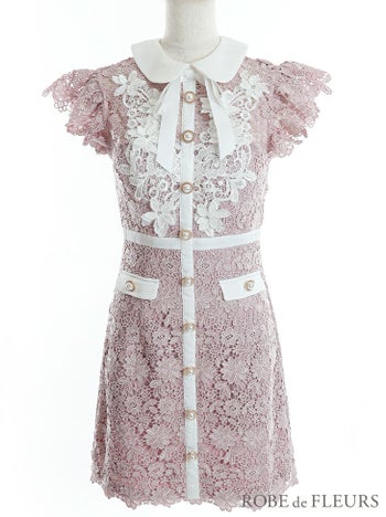 ROBE de FLEURS[ローブドフルール]リボン 襟付き バイカラー フラワー刺繍レース 半袖 セミタイト 高級ミニドレス[ブルー][めぐりっぷ/キャバドレス着用][3309-0]