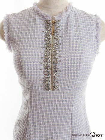 ROBEdeFLEURS Glossy[ローブドフルール グロッシー]チェック柄 バックリボン ツイード バストビジュー フロントジップ タイト 高級ミニドレス[ブラック][XSあり][ゆめ/キャバドレス着用][2720-0]