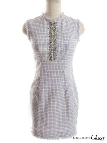 ROBEdeFLEURS Glossy[ローブドフルール グロッシー]チェック柄 バックリボン ツイード バストビジュー フロントジップ タイト 高級ミニドレス[ピンク][XSあり][ゆりお/キャバドレス着用][2720-1]