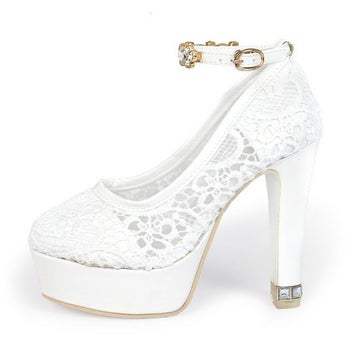 【Rechercher/ルシェルシェ】アンクルビジュー ストラップ デザイン レース パンプス (ホワイト)