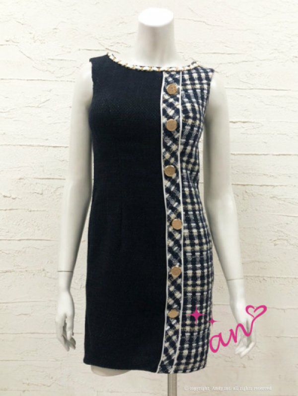 an[アン]ツイード ネックチェーン アシンメトリー チェック柄 ノースリーブ ミニドレス[ネイビー][桜咲乃愛][3335]