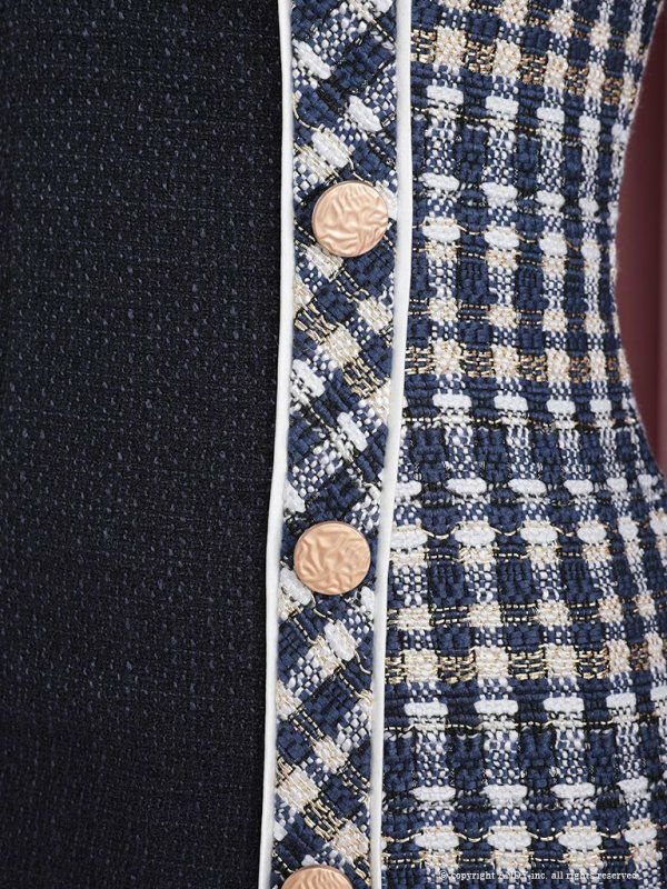 an[アン]ツイード ネックチェーン アシンメトリー チェック柄 ノースリーブ ミニドレス[ネイビー][桜咲乃愛][3335]