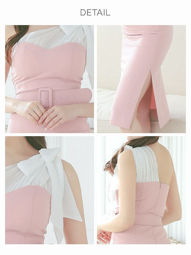 Anella[アネラ]リボン ワンショルダー シフォン切り替え バイカラー タイト 高級ひざ丈ドレス[ピンク][Lあり][森咲智美 / キャバドレス着用]