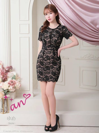 an[アン]総レース パイピング 半袖 袖あり タイト 高級ミニドレス[ブラック][ゆめ/キャバドレス着用][3408-1]