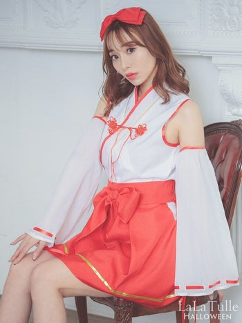 4点set 和装ミニ丈Cute巫女ガール [カチューシャ＋着物＋付け袖＋スカート]