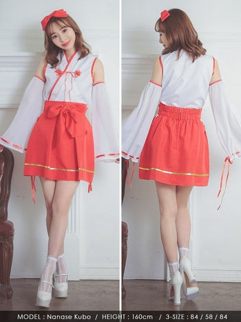 4点set 和装ミニ丈Cute巫女ガール [カチューシャ＋着物＋付け袖＋スカート]