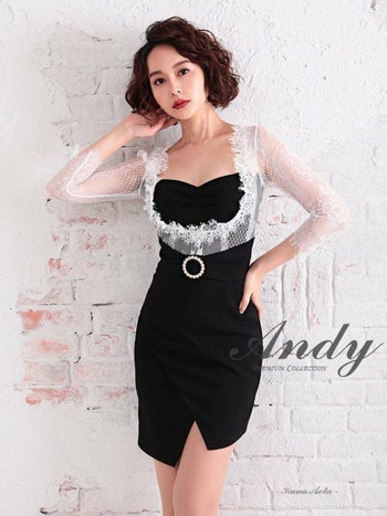 Andy [アンディ] 刺繍 レース 切り替え バイカラー 七分袖 袖あり タイト 高級ミニドレス[ホワイトブラック][青田夏奈/キャバドレス着用][2350-0]