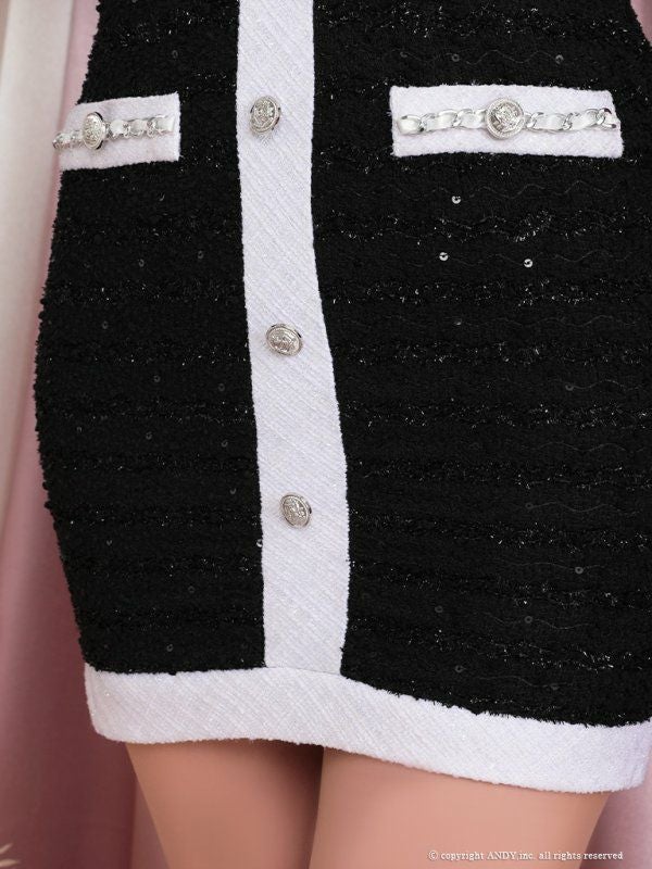an[アン]バイカラー ツイード チェーンパイピング 半袖 タイト 高級ミニドレス[ブラック][桜咲乃愛/キャバドレス着用][3347-0]