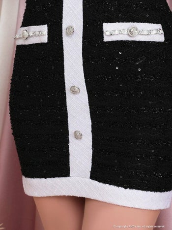 an[アン]バイカラー ツイード チェーンパイピング 半袖 タイト 高級ミニドレス[ブラック][桜咲乃愛/キャバドレス着用][3347-0]