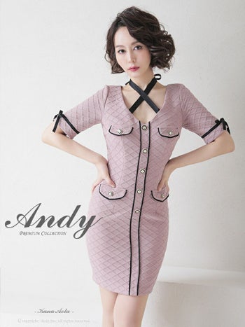 Andy [アンディ] バイカラー 半袖 袖あり パイピング クロスリボン ボタン 半袖 タイト 高級ミニドレス[アイボリーブラック][るな/キャバドレス着用][2699]