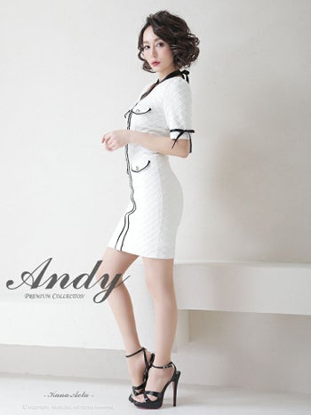 Andy [アンディ] バイカラー 半袖 袖あり パイピング クロスリボン ボタン 半袖 タイト 高級ミニドレス[アイボリーブラック][るな/キャバドレス着用][2699]