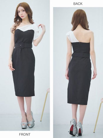 Anella[アネラ]リボン ワンショルダー シフォン切り替え バイカラー タイト 高級ひざ丈ドレス[ベルト付き][ブラック][Lあり][一條響 / キャバドレス着用]