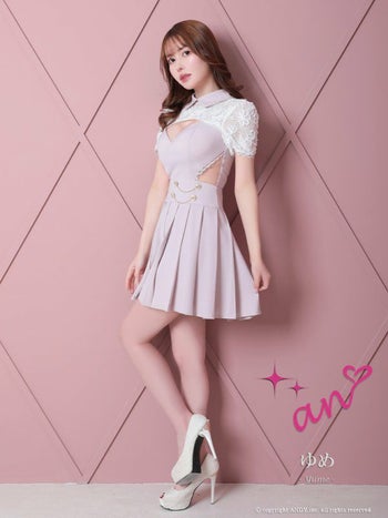 an[アン]襟付き レース バストカット 袖あり サイドシアー チェーン プリーツ スカート 半袖 フレア ミニ高級ミニドレス[ホワイト×ベージュ/ベージュ×ブラック/ダークピンクパープル][ゆめ/キャバドレス着用][3398]