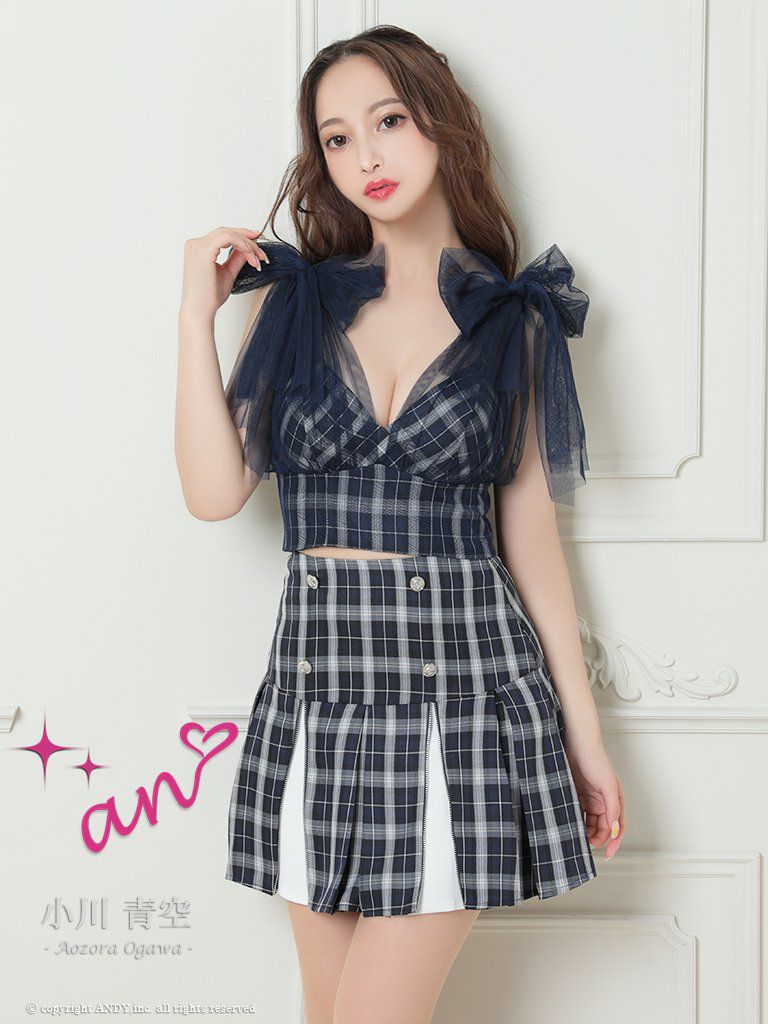 an[アン]チェック柄 ショルダー リボン チュール Aライン セットアップ プリーツ スカート フレア 高級ミニドレス[ブラック][3412]