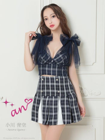 an[アン]チェック柄 ショルダー リボン チュール Aライン セットアップ プリーツ スカート フレア 高級ミニドレス[ブラック][3412]