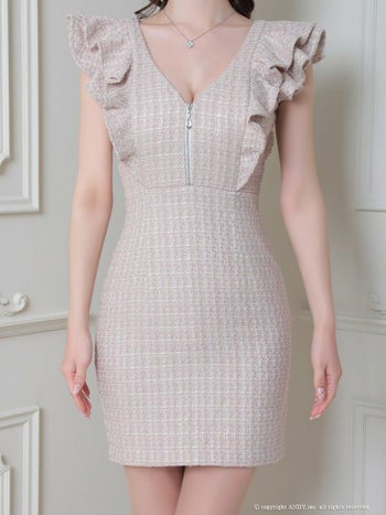 an[アン]フリル シンプル Vネック ツイード フロントジップ タイト 高級ミニドレス[ピンク][ゆめ/キャバドレス着用][3386-0]