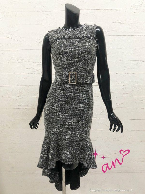 an[アン]フリル マーメイド ツイード ノースリーブ ミディアム丈 高級ひざ丈ドレス[ブラック][桜咲乃愛/キャバドレス着用][3300-1]