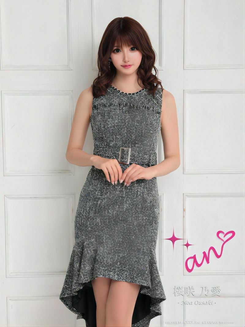 an[アン]フリル マーメイド ツイード ノースリーブ ミディアム丈 高級ひざ丈ドレス[ライトグレー][きほ/キャバドレス着用][3300-2]