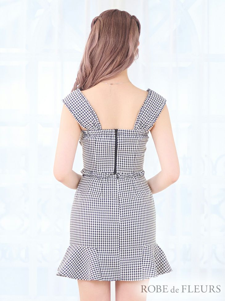 ROBE de FLEURS[ローブドフルール]リボン ビジュー チェック柄 ツイード ノースリーブ セットアップ タイト 高級ミニドレス[ホワイト][めぐりっぷ/キャバドレス着用][2901-0]