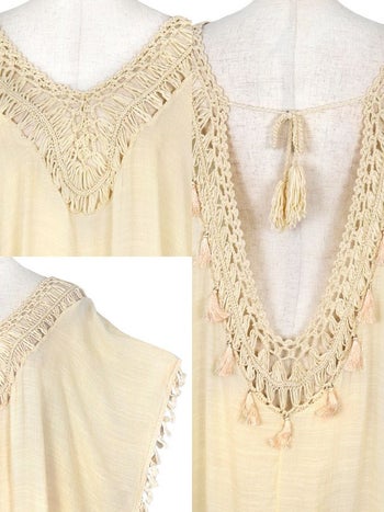 タッセル フリンジ リボン付き ワンカラー ポンチョ ワンピース[ベージュ][松葉愛海/水着着用]