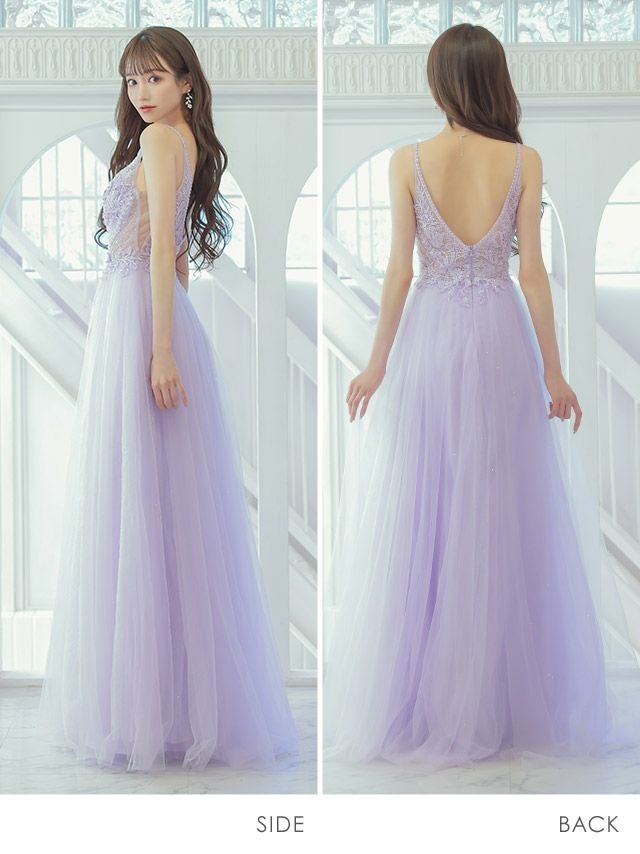 [インポート]キャミソール 刺繍 レース ビジュー ラメ チュール シフォン ワンカラー フレア 高級ロングドレス[パープル][XSあり][愛沢えみり][0195]