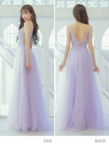 [インポート]キャミソール 刺繍 レース ビジュー ラメ チュール シフォン ワンカラー フレア 高級ロングドレス[パープル][XSあり][愛沢えみり][0195]