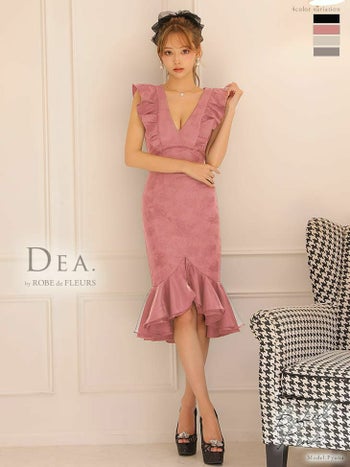 DEA by ROBEdeFLEURS[ディア バイ ローブドフルール]フリル ノースリーブ ジャガード ワンカラー マーメイド ミディアム タイト 高級ひざ丈ドレス[アイボリー][Lあり][れみ/キャバドレス着用][2459-1]