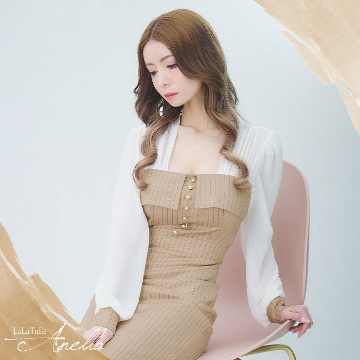 Anella[アネラ]ストライプ シフォン 長袖 タイト 高級ひざ丈ドレス[ベージュ][Lあり][一条響 / キャバドレス着用]