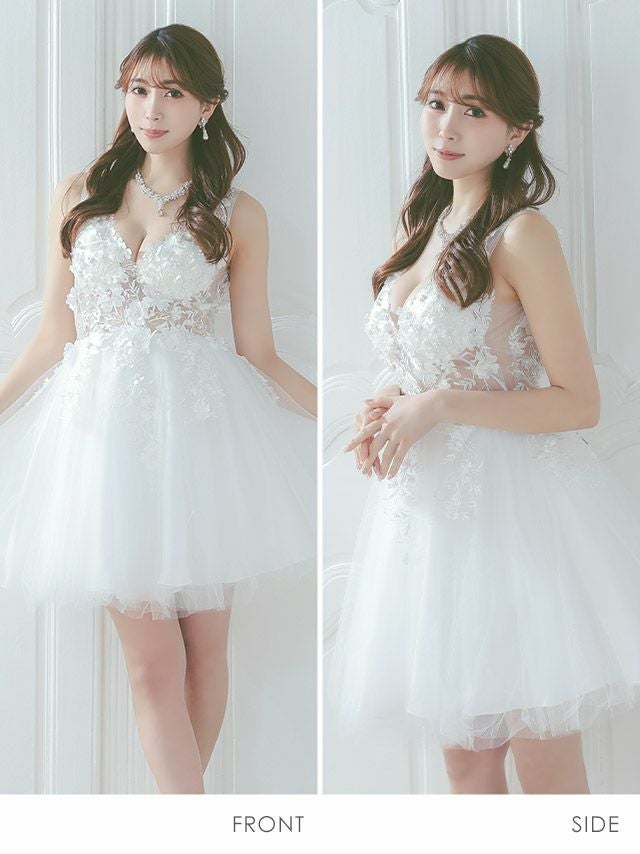 [インポート]立体フラワー 刺繍 レース シフォン チュール ワンカラー ノースリーブ フレア ミニドレス[ホワイト][XSあり][森咲智美/キャバドレス着用][1863]